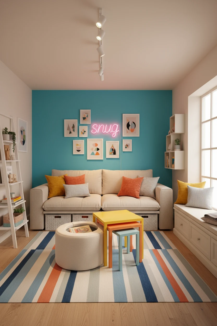 Straight-on wide shot of a playful micro lounge with a bright teal accent wall and a neutral modular two-seater sofa (un