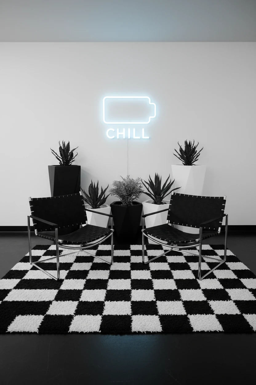 Photorealistic wide straight-on graphic shot of a monochrome chill lounge: black-and-white sling chairs on a bold checke