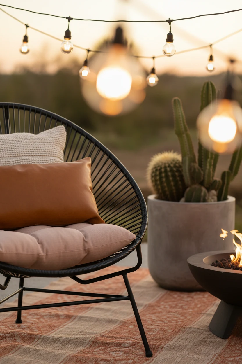 4. Photorealistic close-up detail at sunset, three-quarter angle: edge of a matte-black Acapulco chair with a saddle-lea