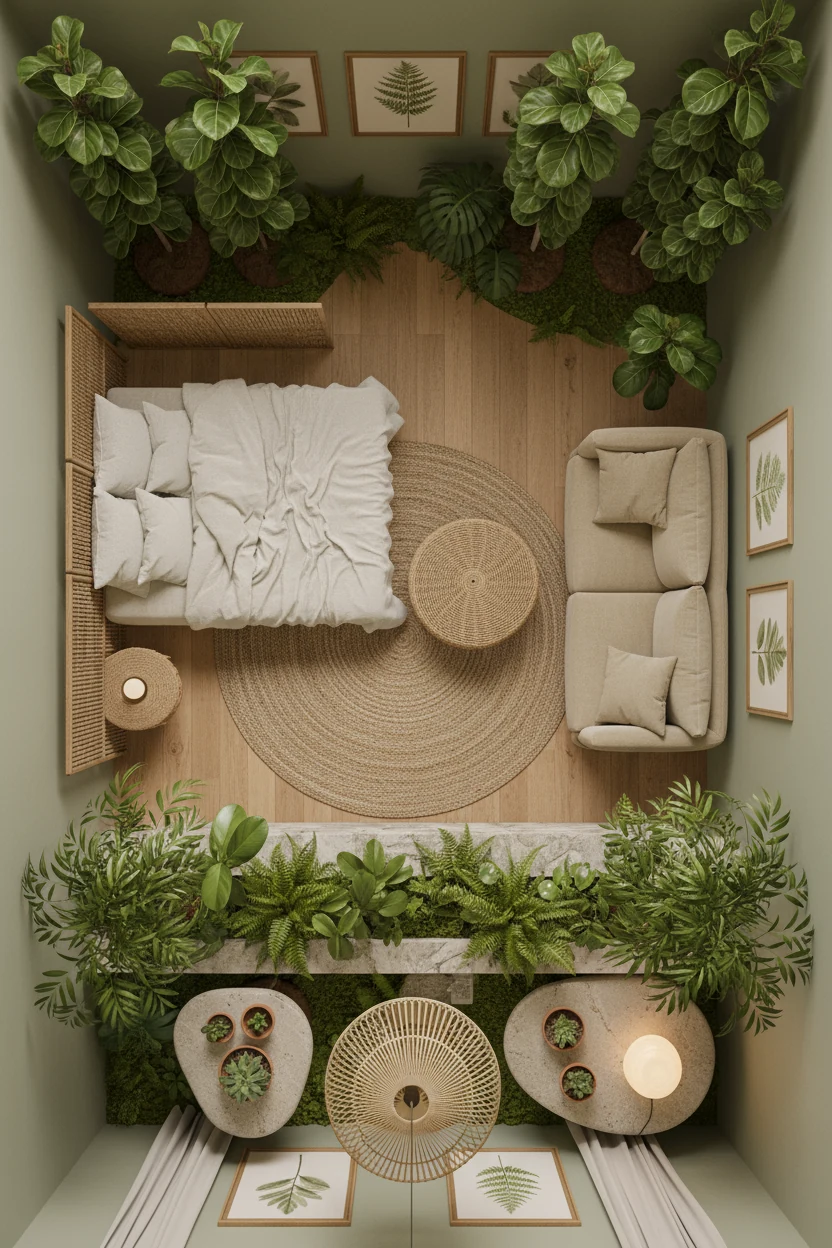 4. Overhead, top-down view of a biophilic studio: clusters of tall fiddle-leaf figs and bamboo palms with a raised plant