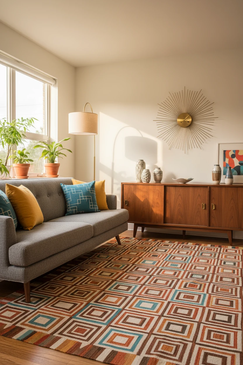 Corner angle view of a mid-century marvel lounge area with tapered wooden-leg sofa, geometric patterned rug, mustard and