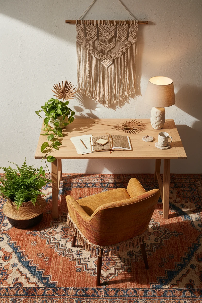 Overhead shot of a boho chic home office desk setup with a simple wooden desk, upholstered warm-toned chair, Moroccan pa