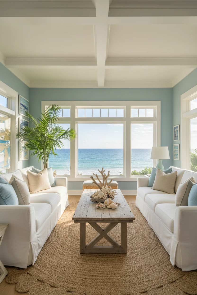 Wide seaside-inspired living room scene with soft blue walls, white slipcovered sofas accented with pale pillows, driftw