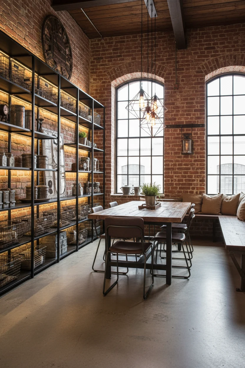 Corner perspective of an urban industrial dining space with exposed brick walls, matte black steel shelving holding wire