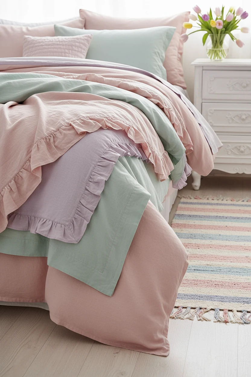 Closeup detail of pastel bedding layers in blush pink, mint green, and soft lavender, with part of a white wooden dresse