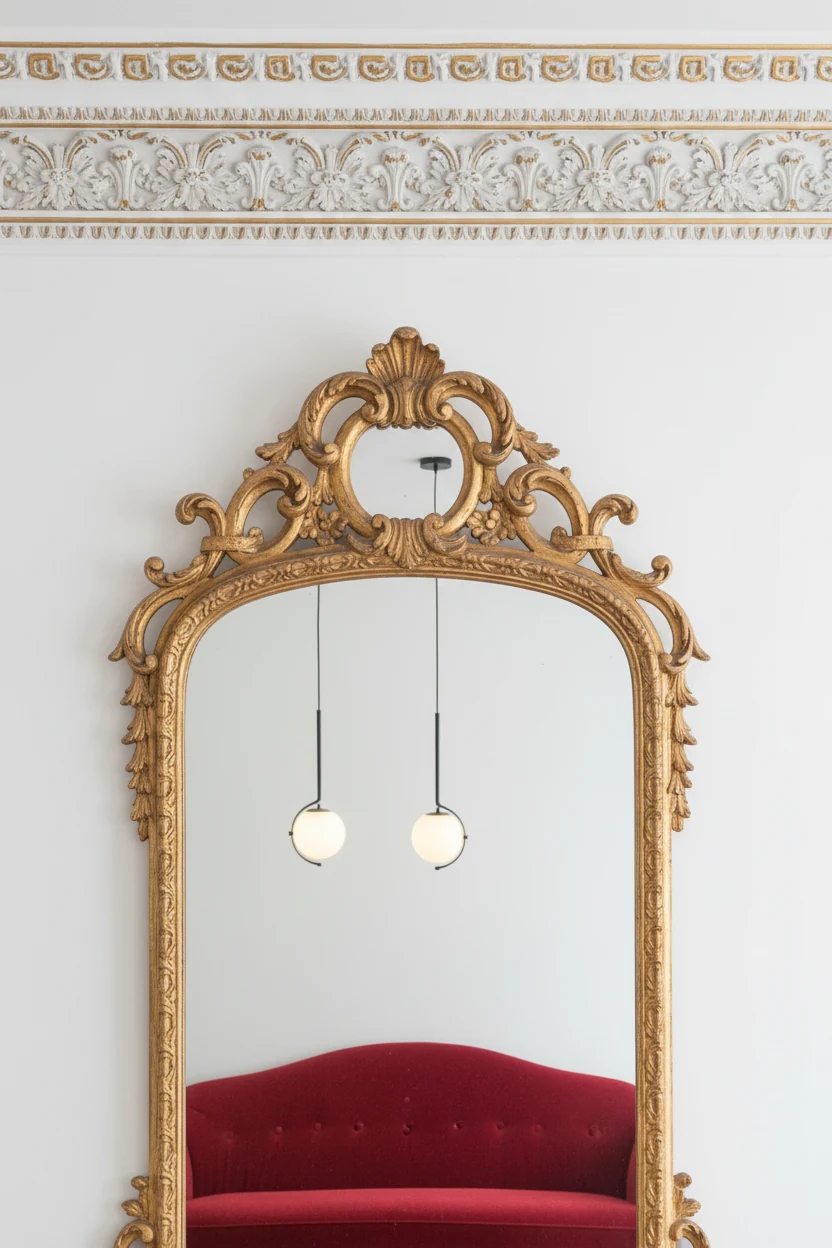 Closeup detail of an ornate gilded mirror hanging on a white wall with intricate crown molding, reflection showing part 
