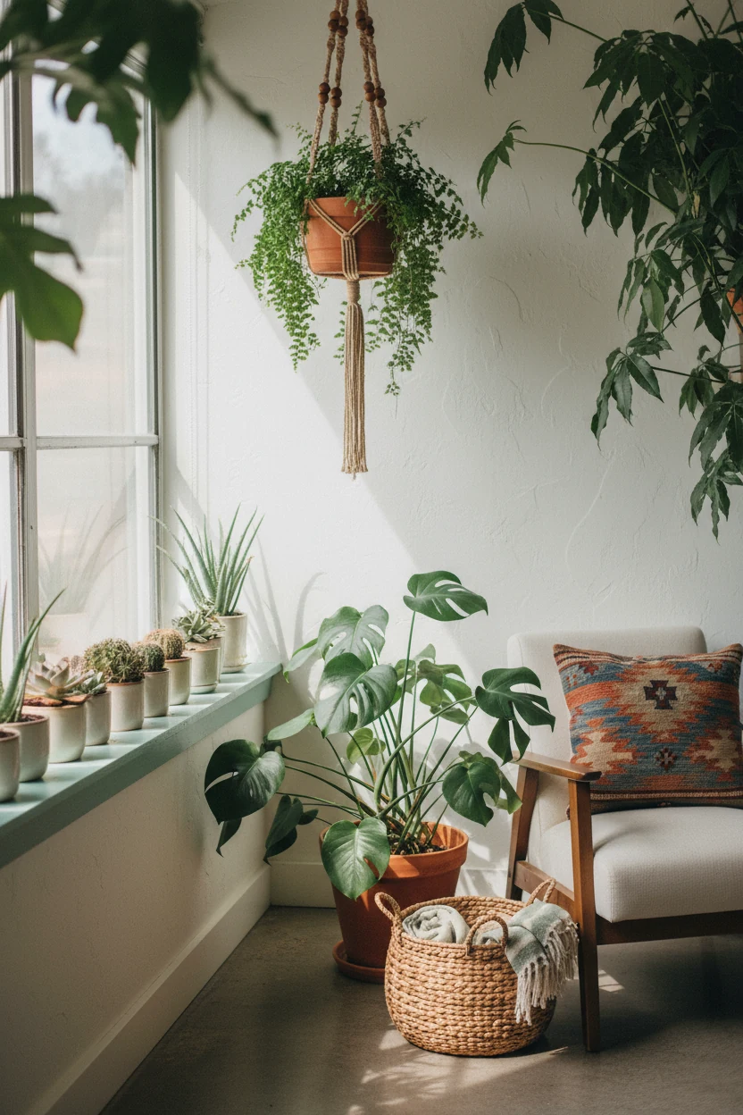 Corner perspective shot of a boho plant haven showing layers of greenery including a hanging macramé planter, large mons