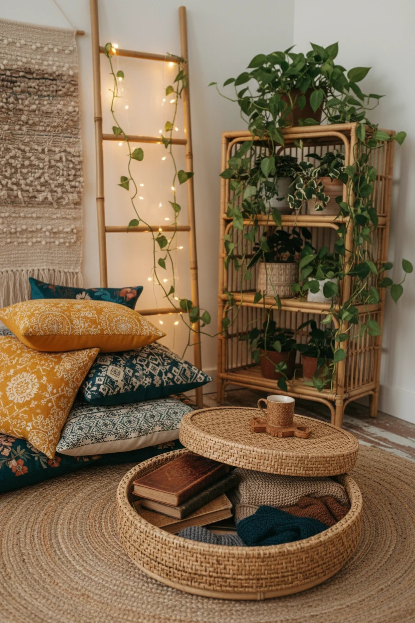 Closeup detail shot of a bohemian reading nook corner with patterned cushions in saffron and teal, a low ottoman with it