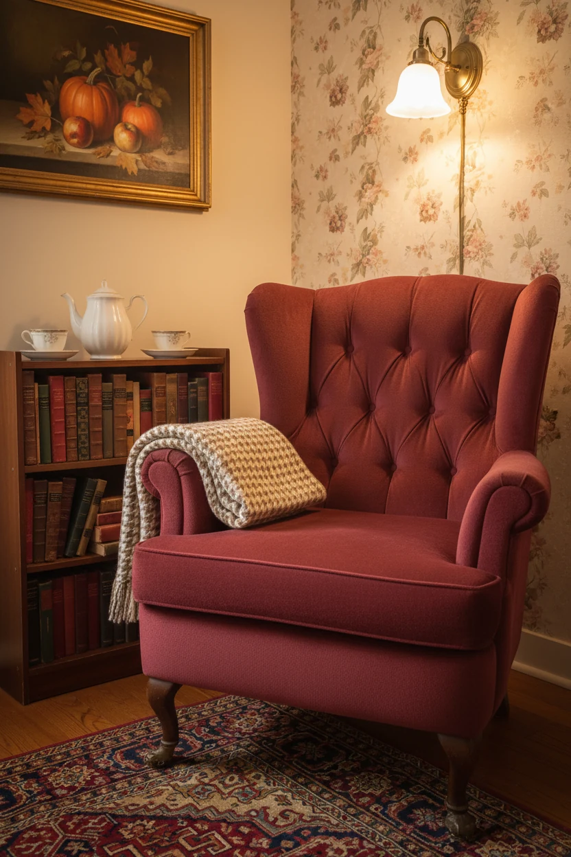 Close-up detail shot of a vintage autumn reading nook featuring a burgundy tufted armchair with neatly folded houndstoot
