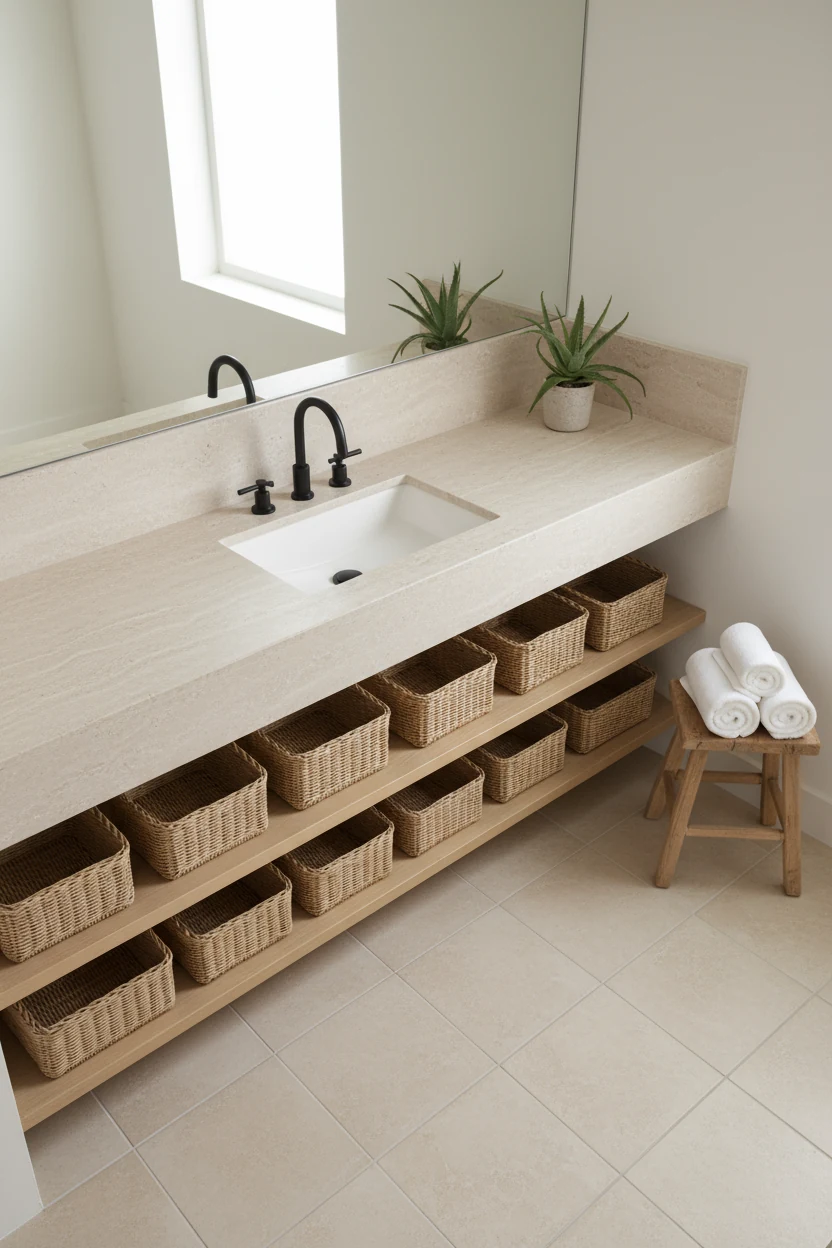 Overhead view of a coastal minimalist bathroom vanity area: pale stone countertop with crisp white sink and fixtures, so