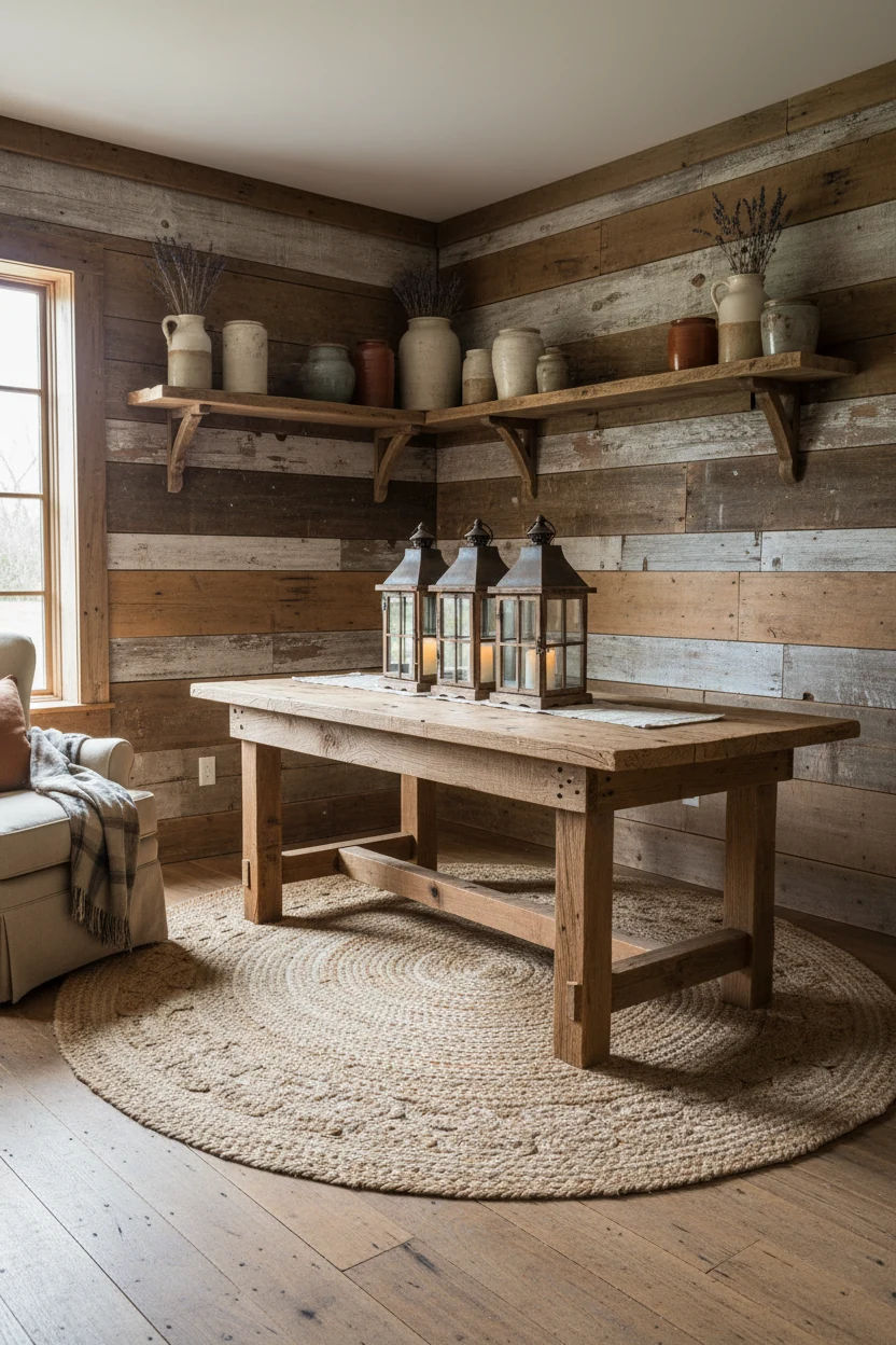 Corner-view shot of a rustic farmhouse nook with distressed wood wall shelves holding ceramic jars, a simple jute rug un