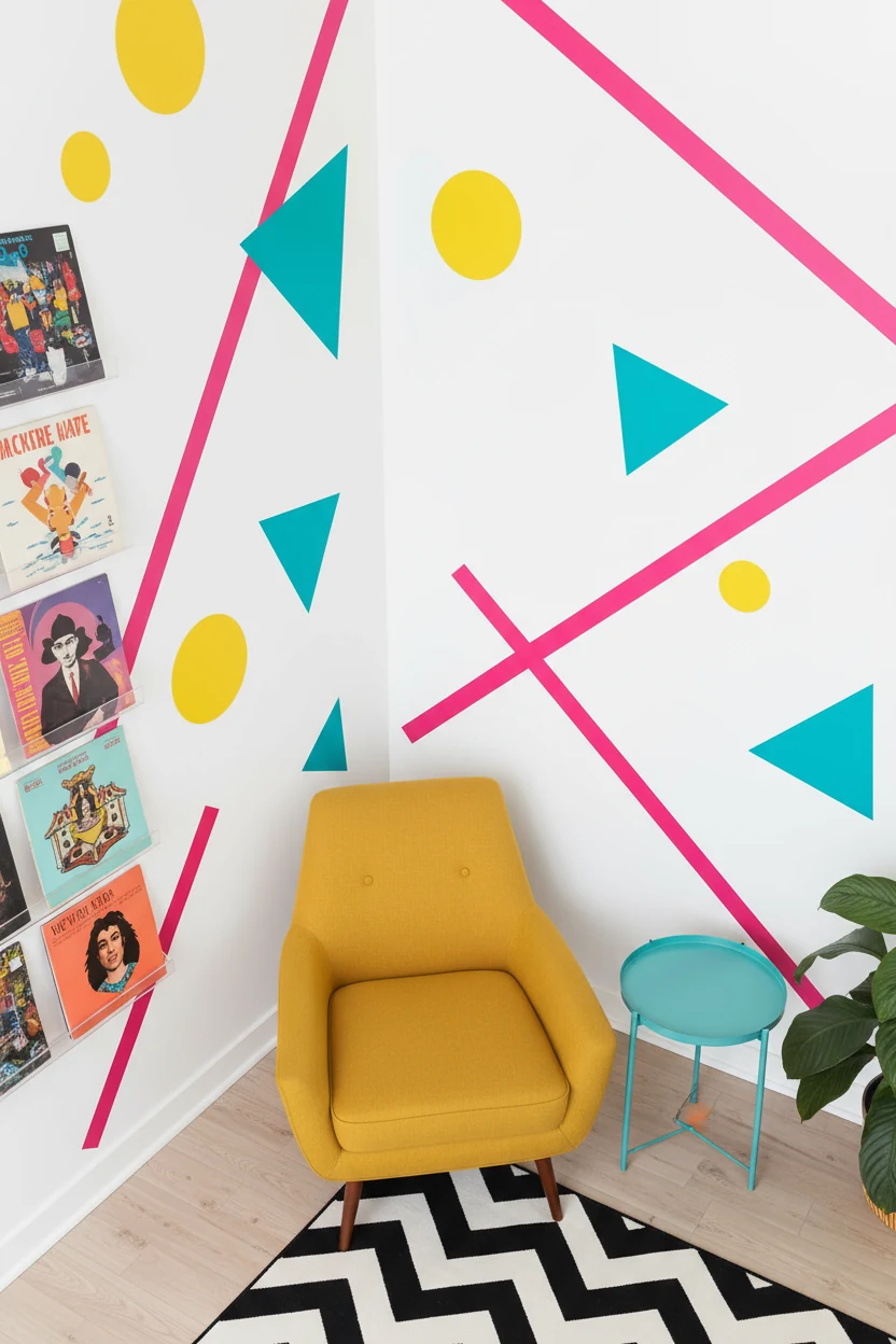 Overhead closeup of a retro pop living room corner with bold removable wall decals in teal triangles, sunny yellow circl