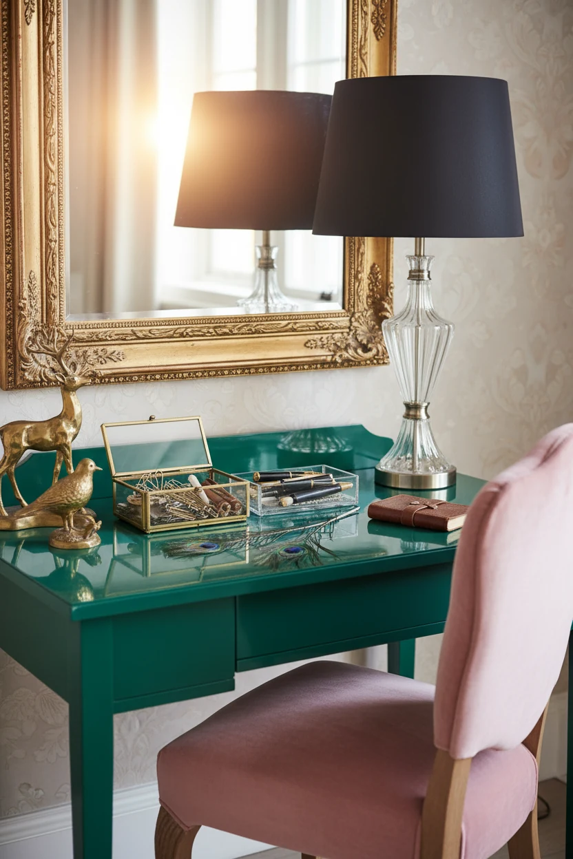 Closeup of a vintage glam workspace desk corner, petite writing desk in high-gloss emerald green finish, crystal lamp wi