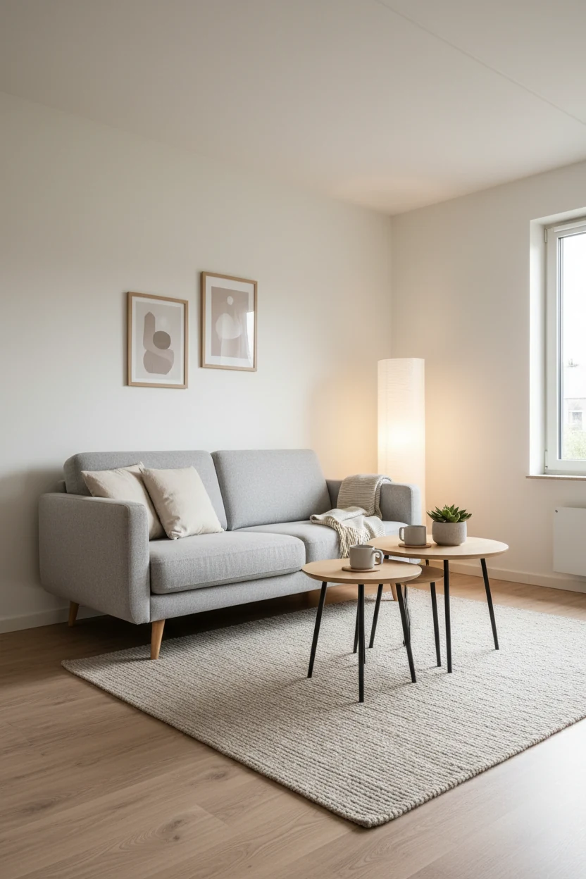 Wide corner shot of a modern cozy minimalist studio living room with soft warm white walls, light-toned wood laminate fl