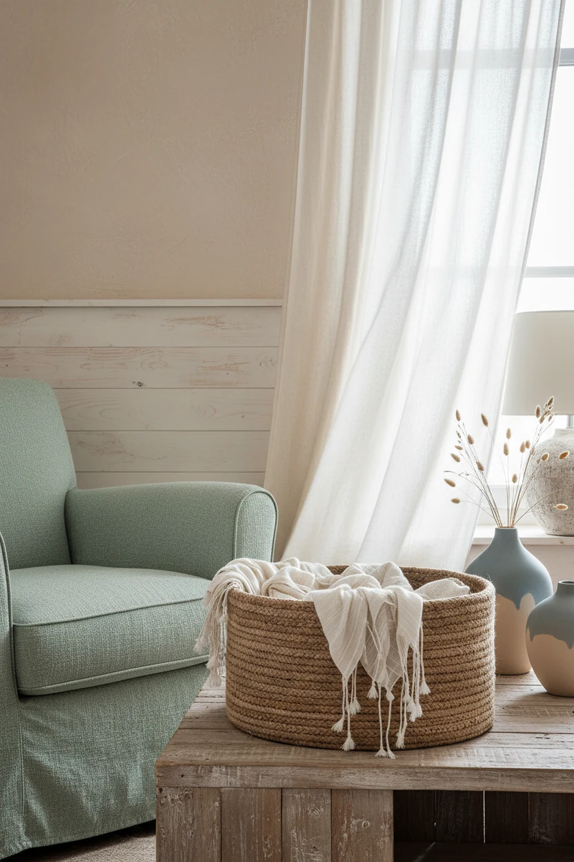 Closeup detail of a modern coastal living room textural vignette: seafoam green slipcovered armchair beside a weathered 