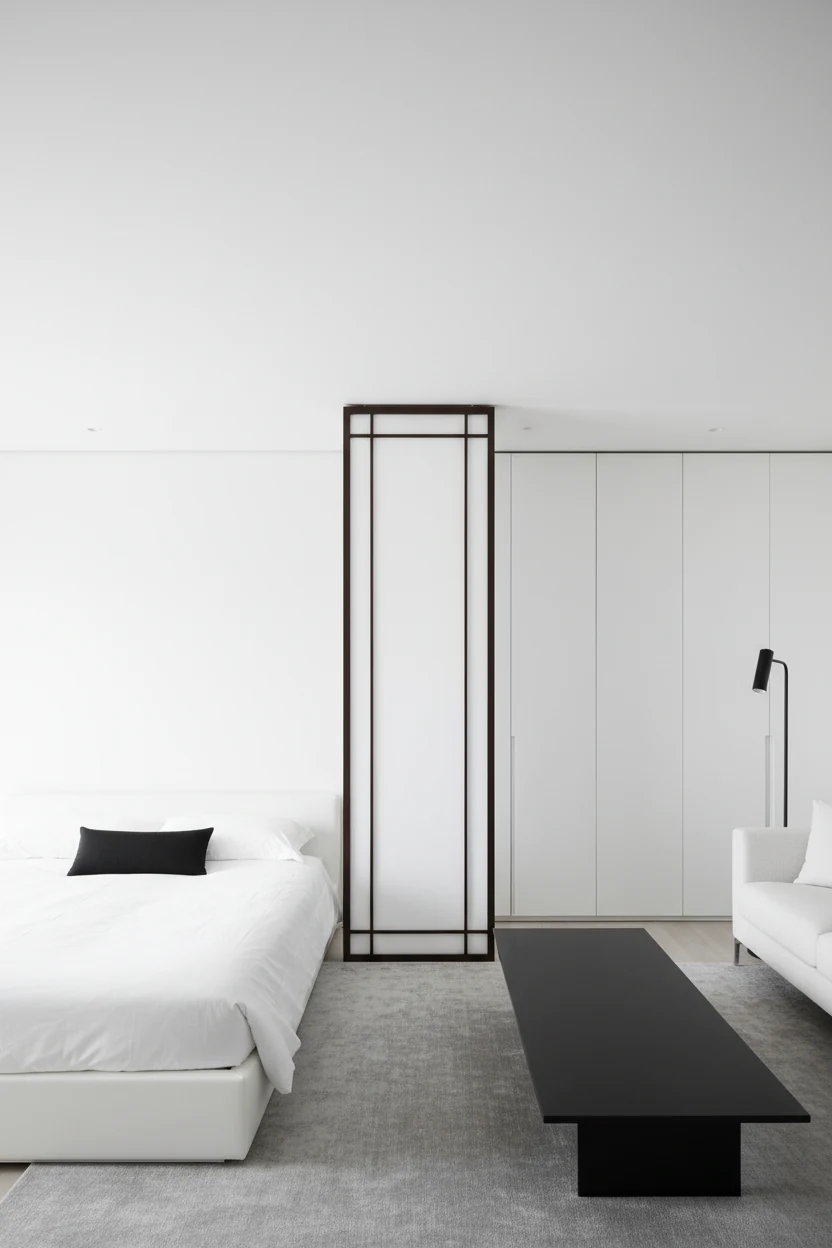 Wide straight-on view of a modern minimalist studio bedroom and living zone, pure white walls, slim shoji-style screen s