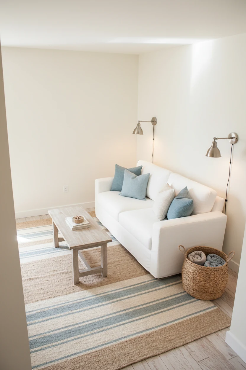 Overhead view of a coastal-inspired seating area in a small apartment featuring creamy white walls, soft blue accents, a
