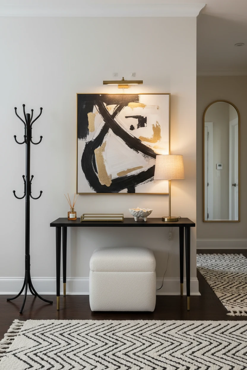 Photorealistic medium-wide straight-on view of a hotel-luxe entryway in black, ivory, and brass: a slim black console wi
