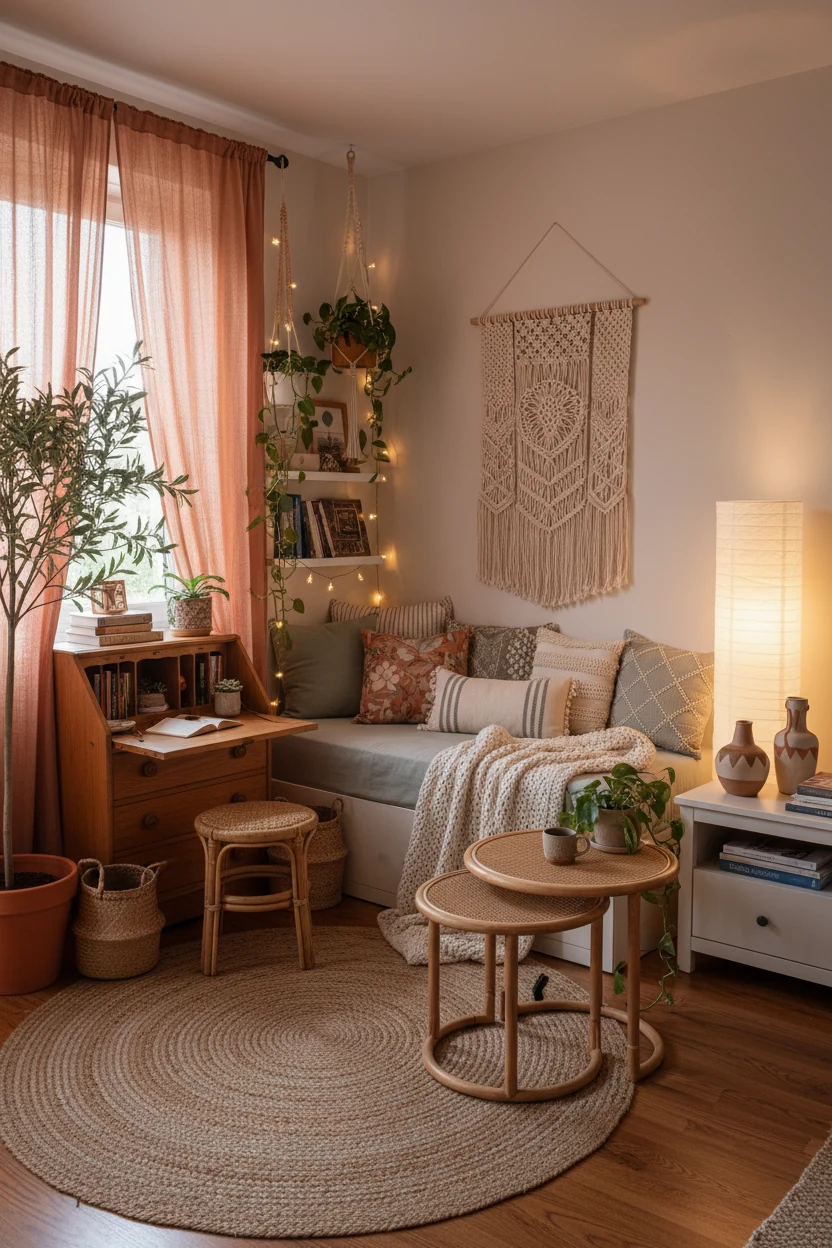 Photorealistic medium corner-angle view of a cozy boho nook in earthy terracotta, sage green, and creamy whites; a daybe