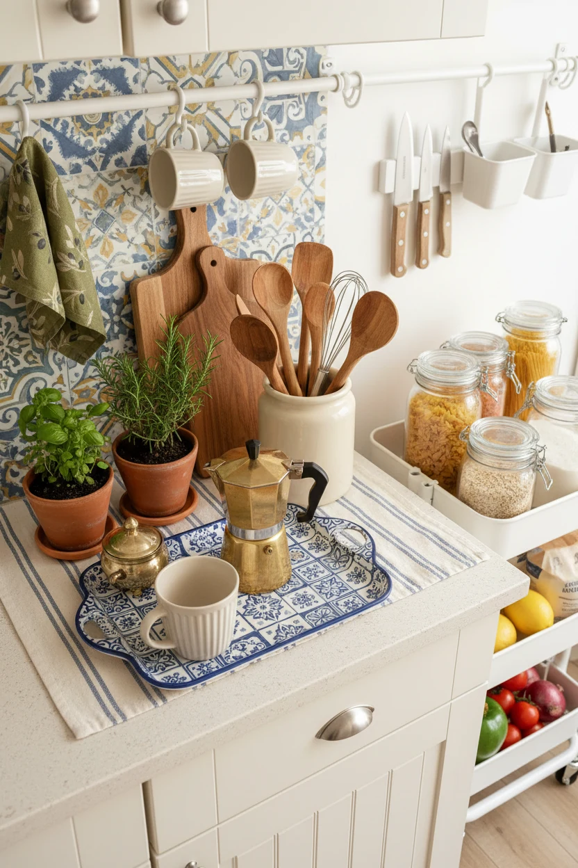 4. Overhead top-down, photorealistic Mediterranean mini kitchen countertop scene: patterned serving tray as a coffee sta
