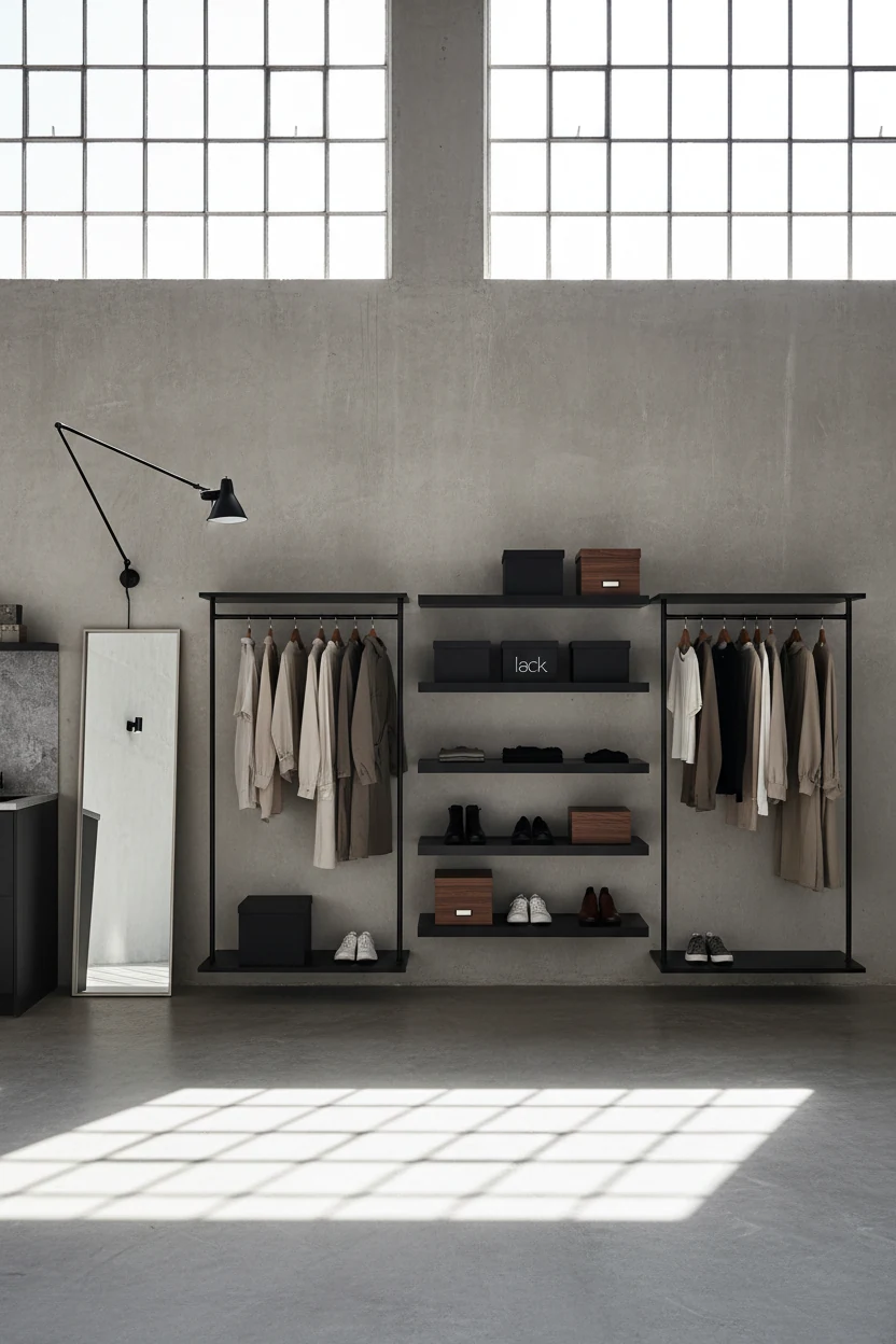 Photorealistic wide, straight-on industrial grid studio: two MULIG clothing racks as an open wardrobe flanking crisp bla