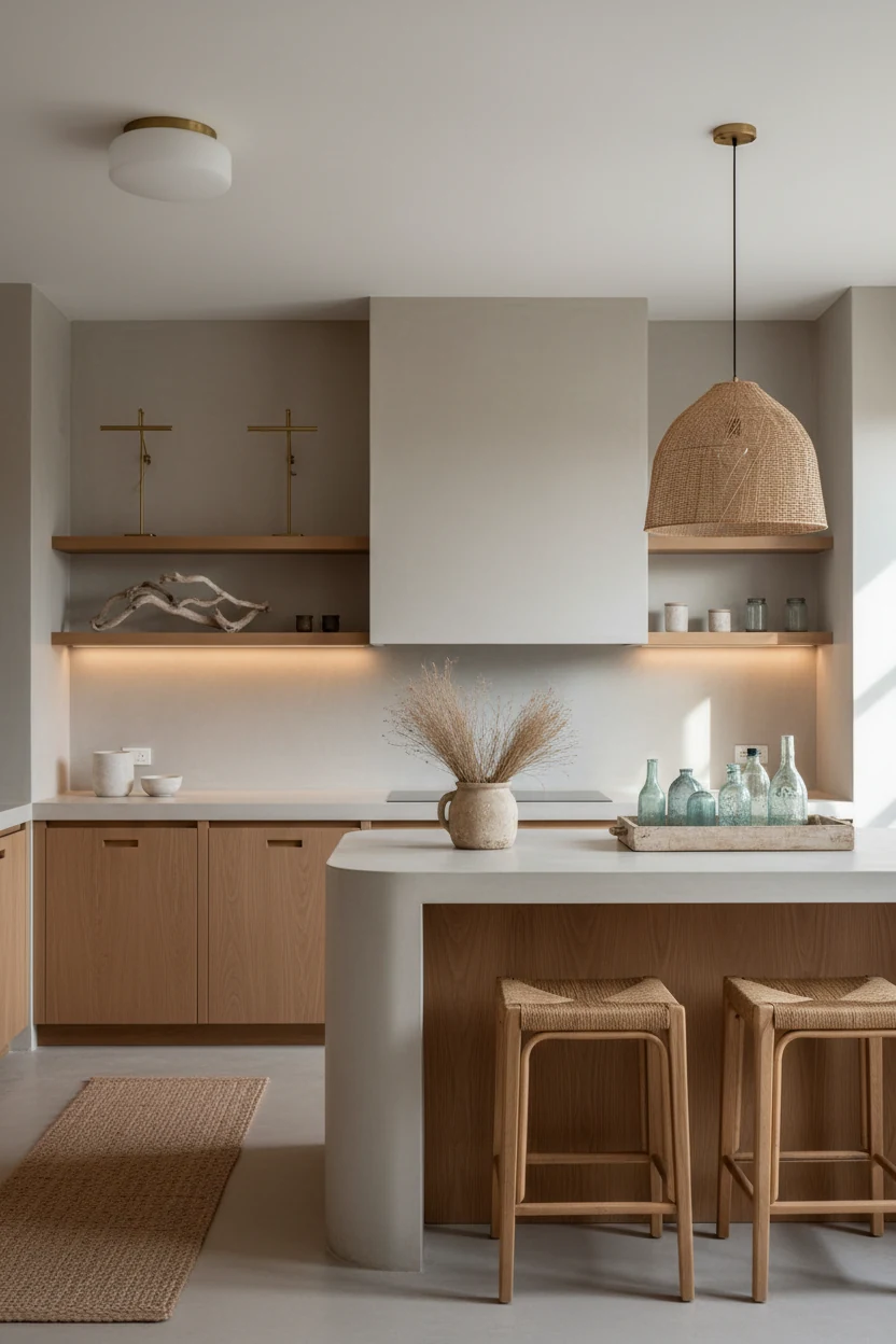 Photorealistic medium straight-on shot of a coastal concrete chic studio kitchen: white oak slab base cabinets with inte