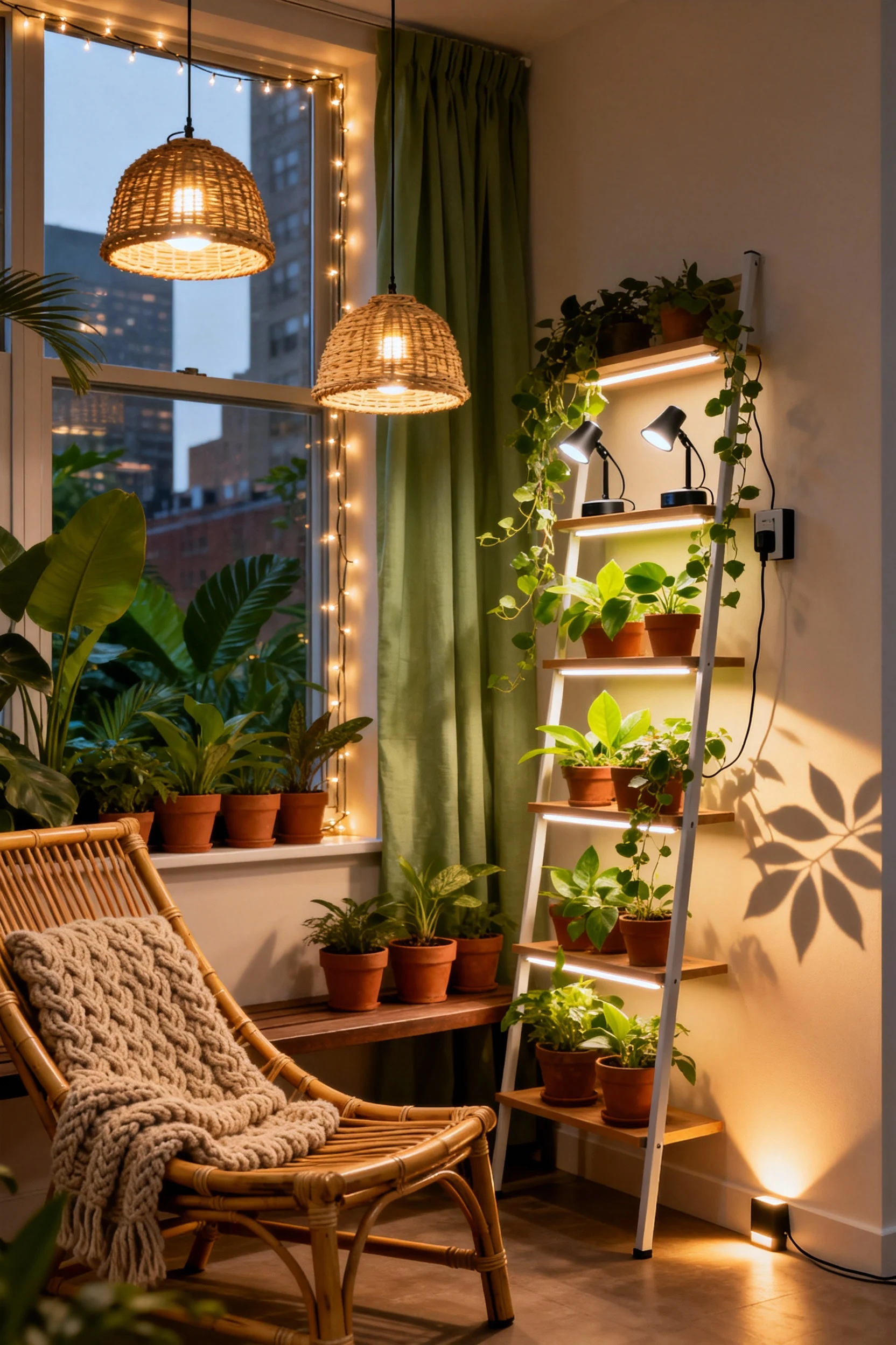 4. Closeup corner view of an urban jungle window nook: bamboo lounge chair with a chunky knit throw, low bench with terr