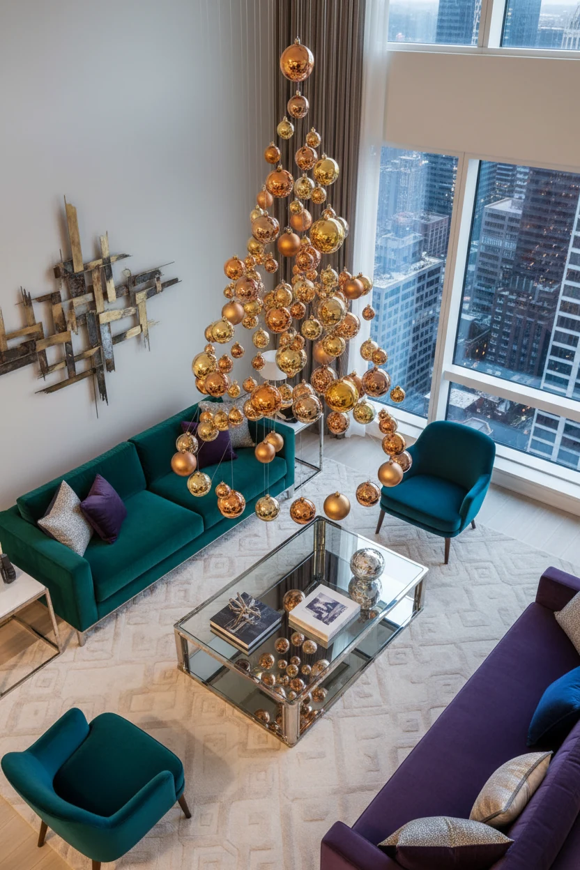 Overhead angled shot of a modern-glam apartment corner featuring a cascading ceiling-hung ornament mobile shaped like an