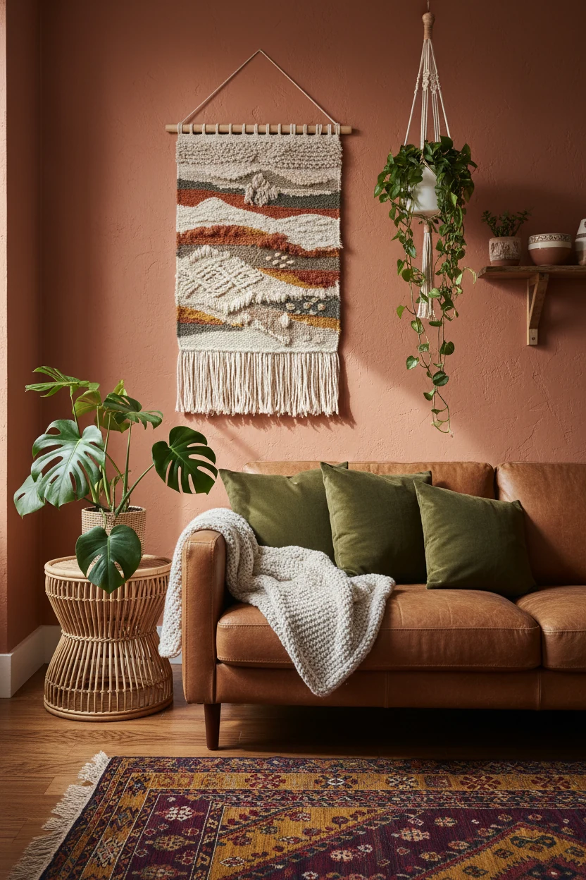 Closeup photorealistic shot of an eclectic modern bohemian corner with warm terracotta walls, a caramel leather sofa ado