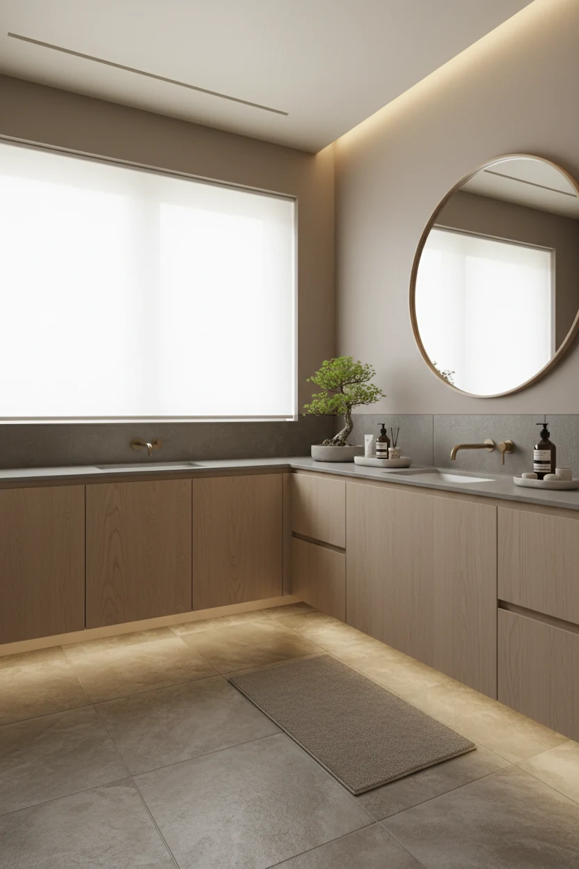 Corner-angle shot of a Japandi style bathroom with natural stone floors, light birch cabinetry, taupe and ivory palette 