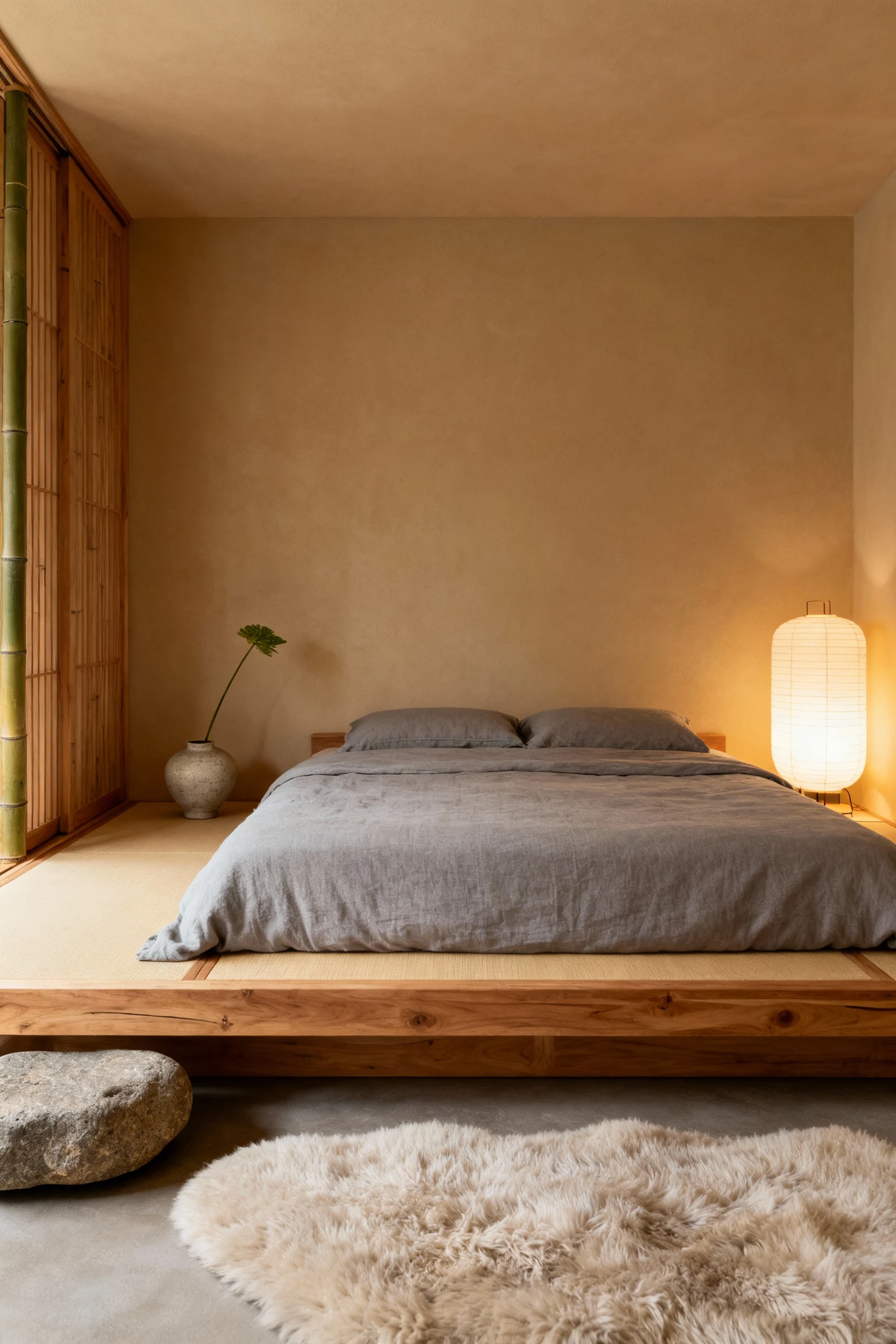 Wide shot of a Japandi-style bedroom with warm wood tones, soft beige and tan walls, a futon-style low bed with natural 