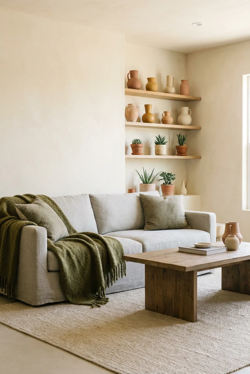 Straight-on medium shot of an earthy minimalist boho living space with warm cream walls, a light stone-gray sofa draped 