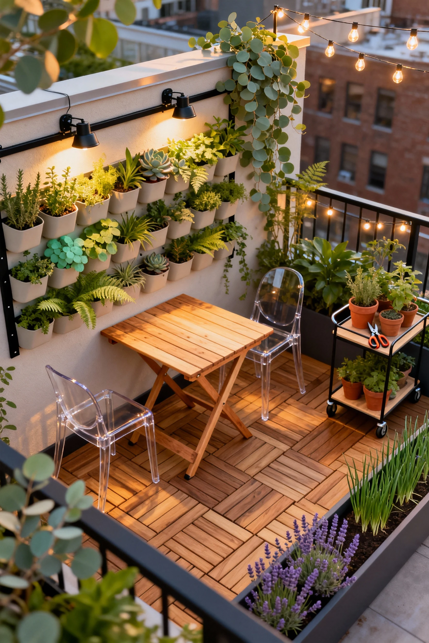 Slightly elevated overhead shot of an urban greenhouse café balcony: vertical garden wall with modular pocket planters f