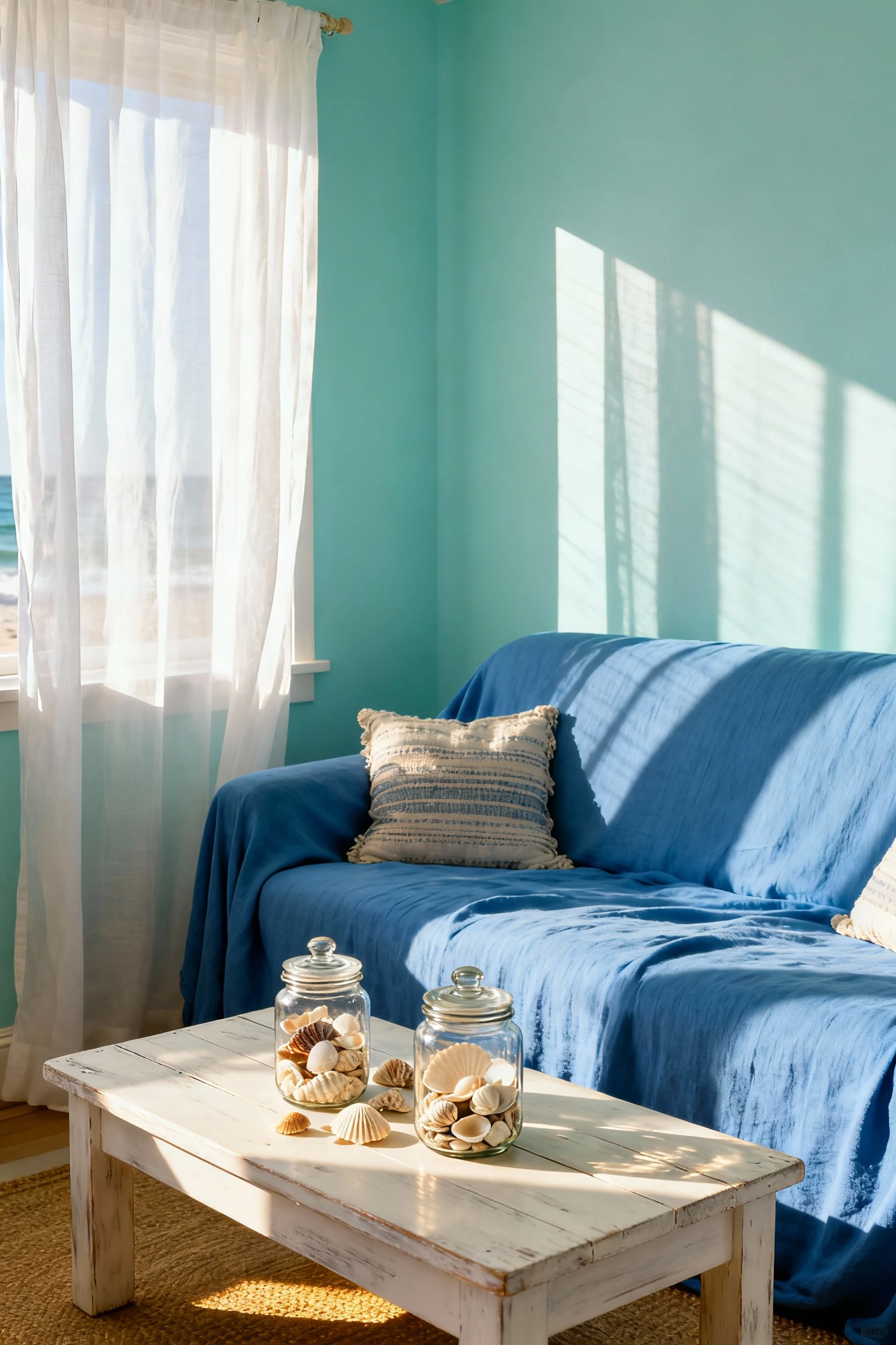 Corner perspective shot of a beach-themed living room with a sky-blue sofa cover, a whitewashed wood coffee table topped