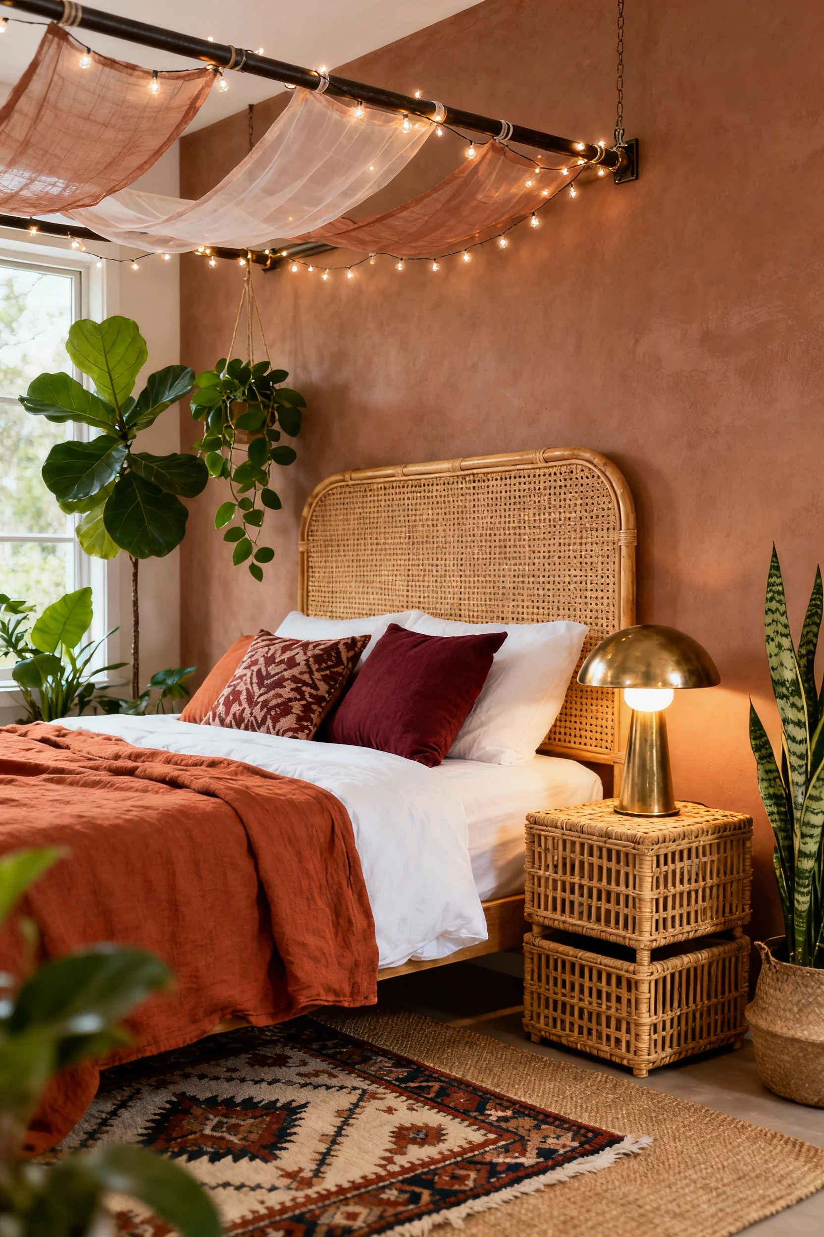 Photorealistic closeup detail of a boho bed vignette: cane/rattan headboard above a white duvet layered with a terracott