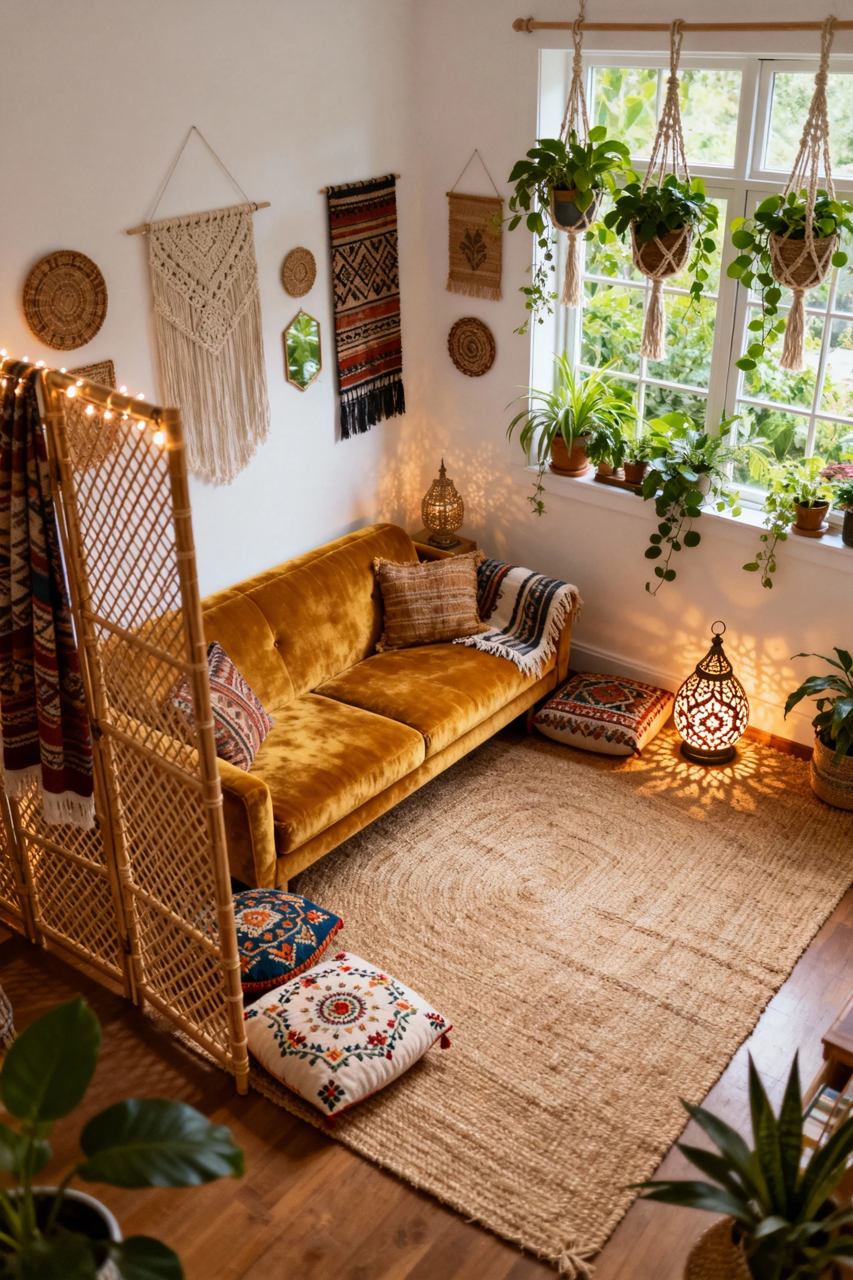 Overhead view of a Boho Light & Layered Hideaway seating area with warm white walls and a large jute area rug as base, l