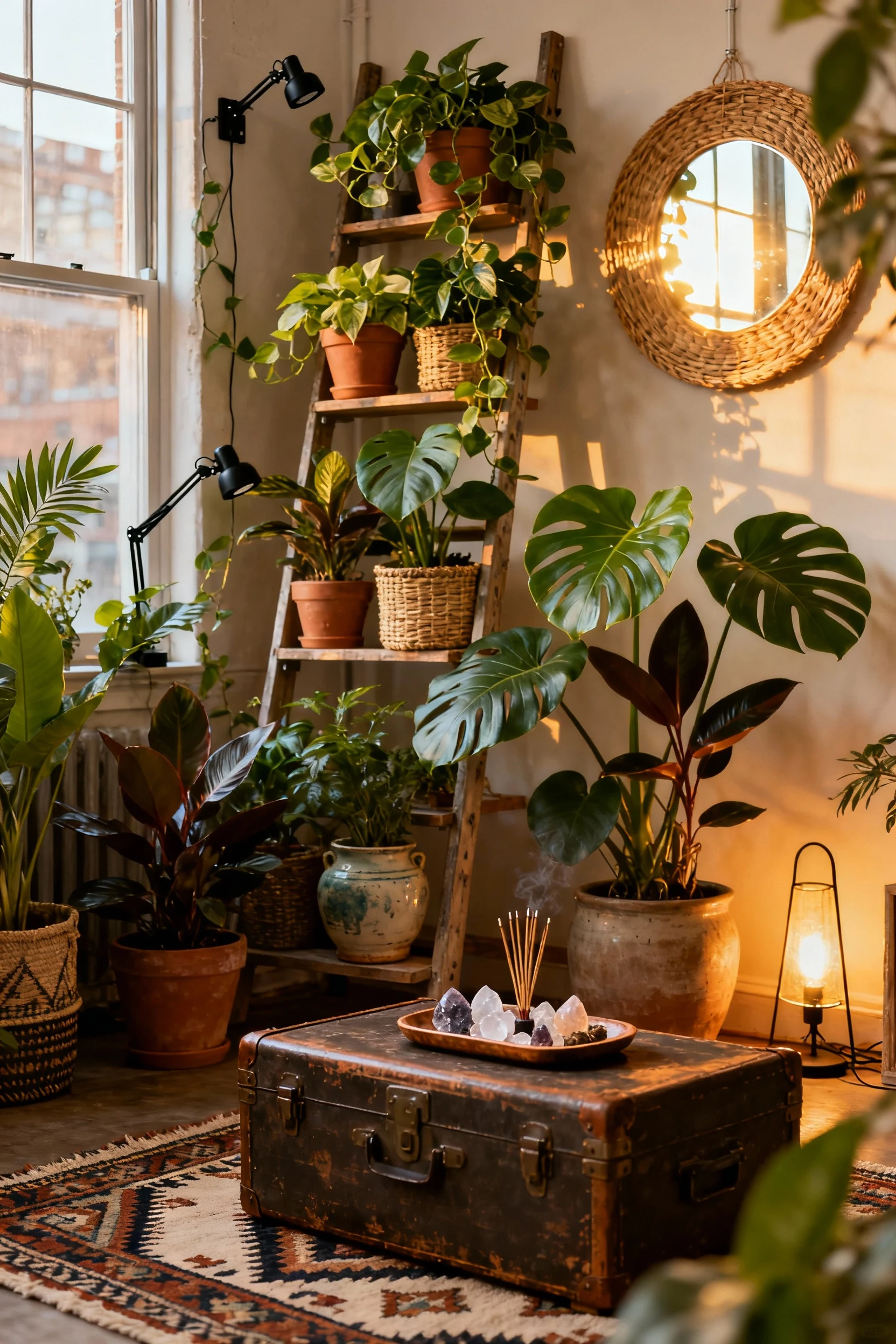 4. Closeup corner shot of an urban jungle boho studio vignette: ladder shelves cascading with pothos, philodendron, mons