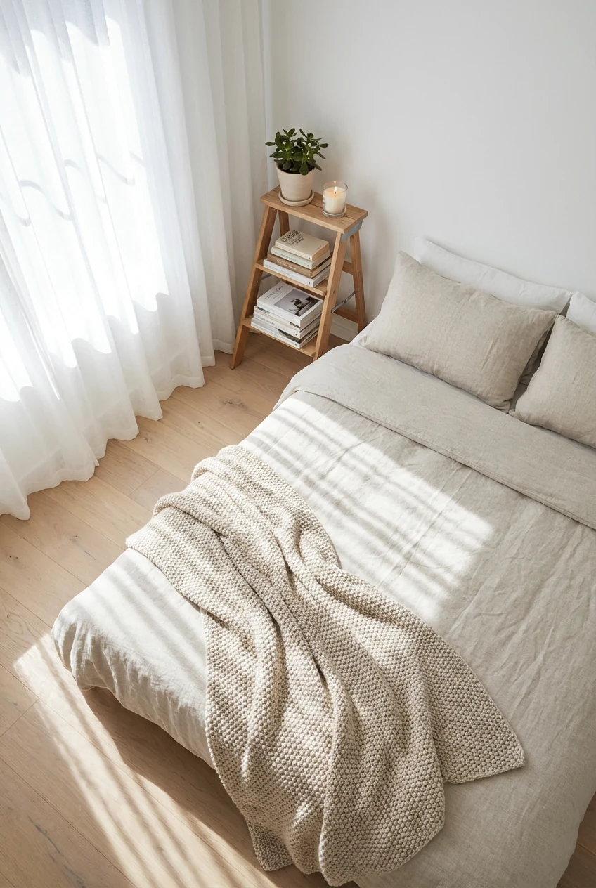 Overhead view of a compact Scandinavian-style bedroom with fresh white walls, pale wood floor, a slim-profile low bed dr