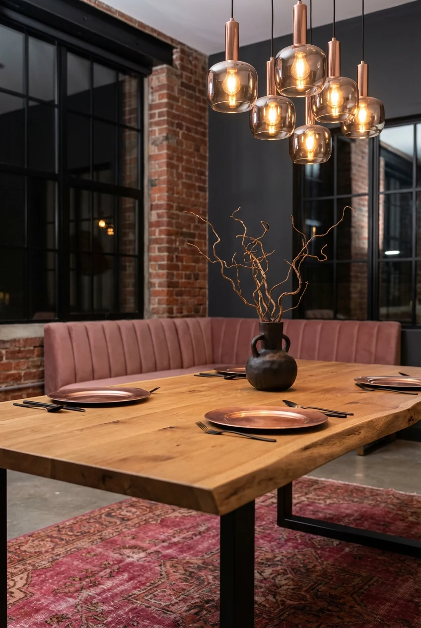 Photorealistic closeup of an industrial loft dining table setting at night: live-edge oak tabletop with rose gold charge