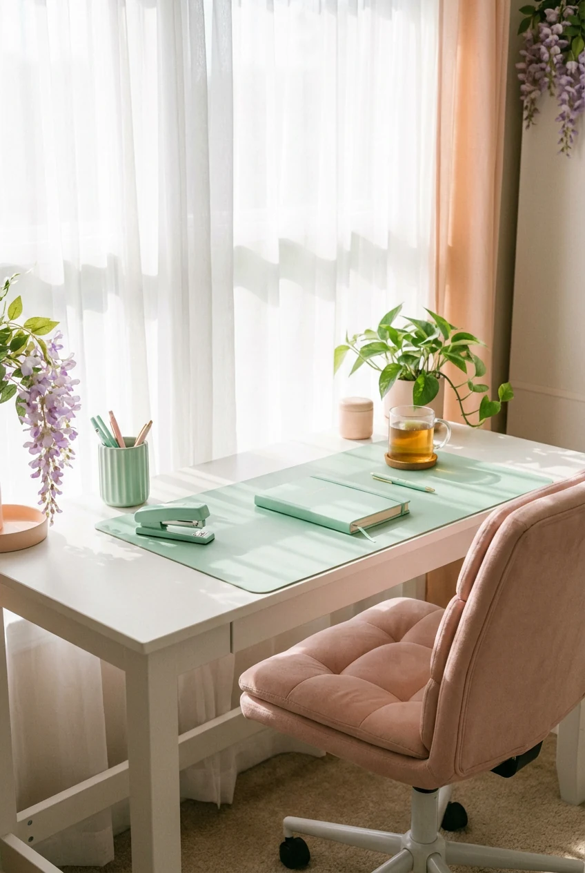 Medium closeup of a pastel-toned workstation in a bright small-space setting, mint green desk accessories neatly laid ou