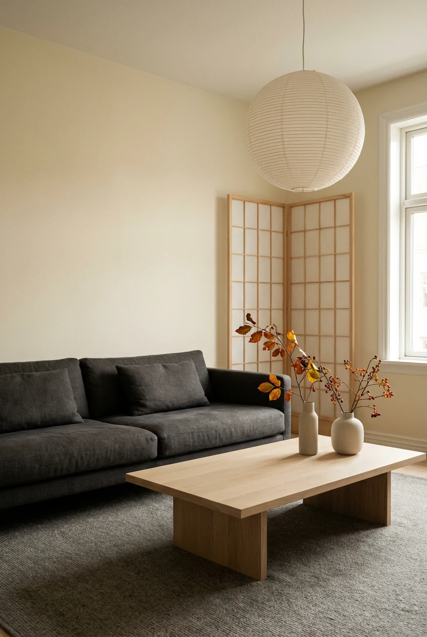 Straight-on photorealistic shot of a Japandi living room arrangement with a low charcoal sofa, pale wood Zen-style coffe