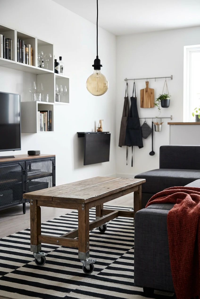 4. Detailed close-up at coffee-table height in an industrial micro loft: a NORDEN bench with locking casters hacked as a