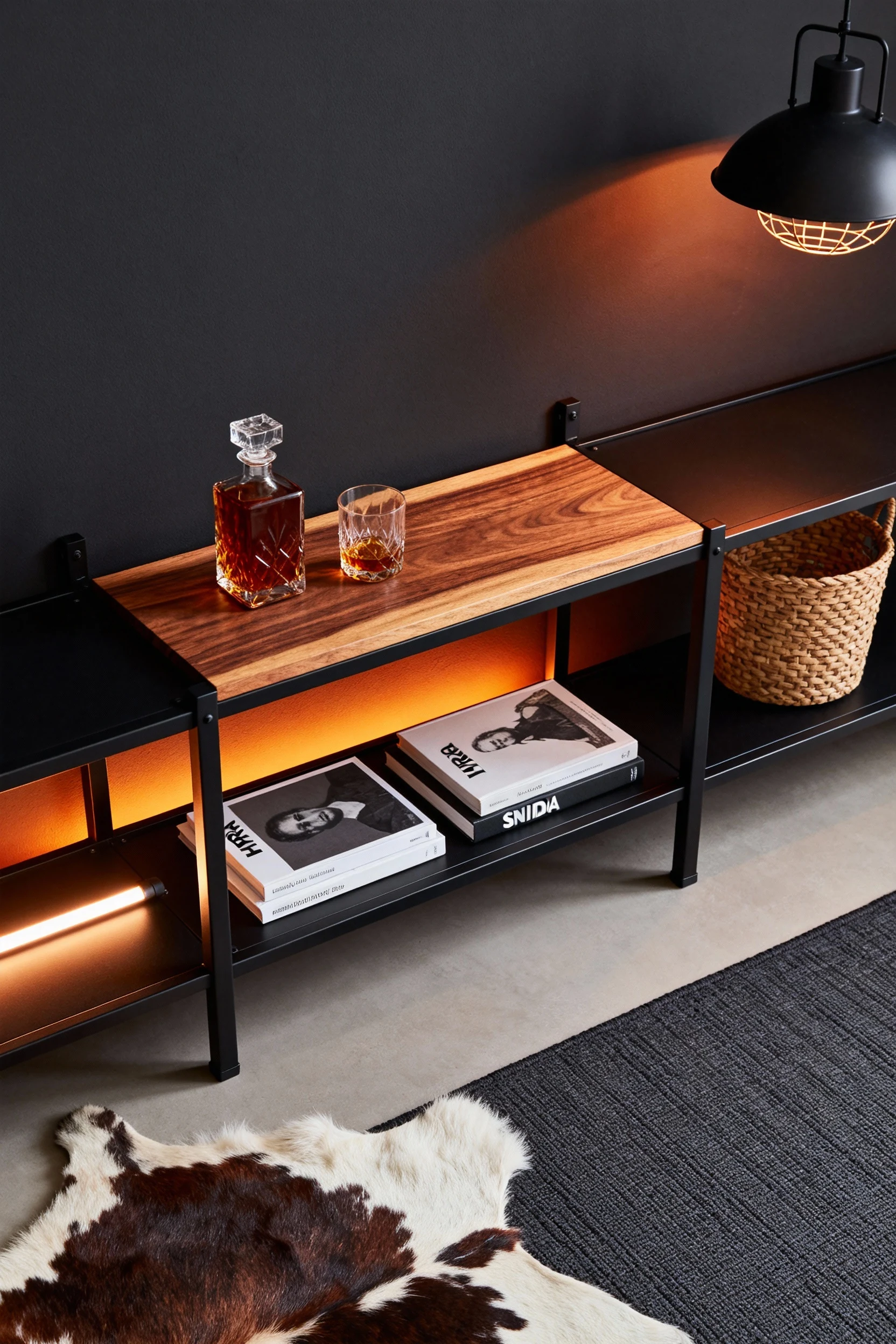 Overhead detail shot of a soft industrial scene: matte-black painted HYLLIS shelving topped with smoked-oak–stained wood