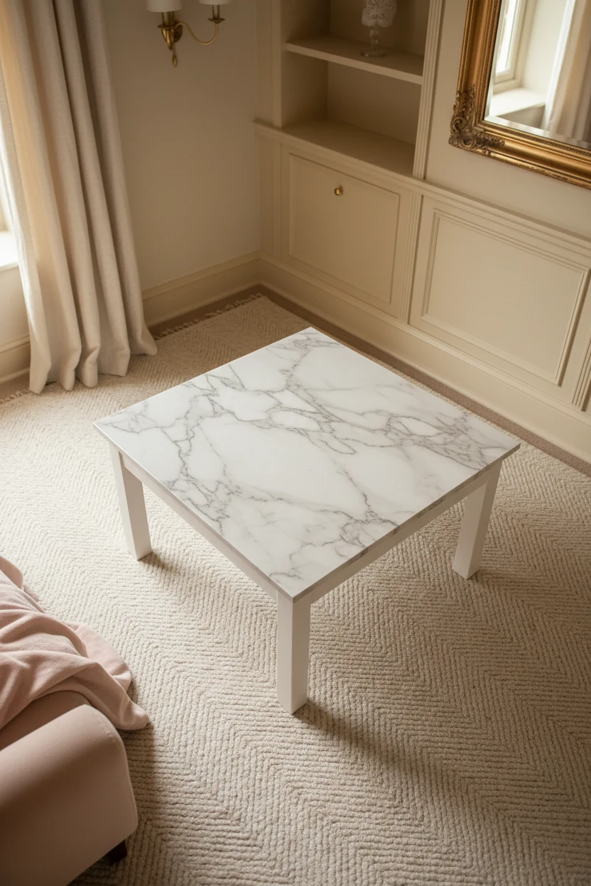 Photorealistic overhead detail shot: a LACK coffee table topped with marble vinyl styled on a herringbone rug, with the 
