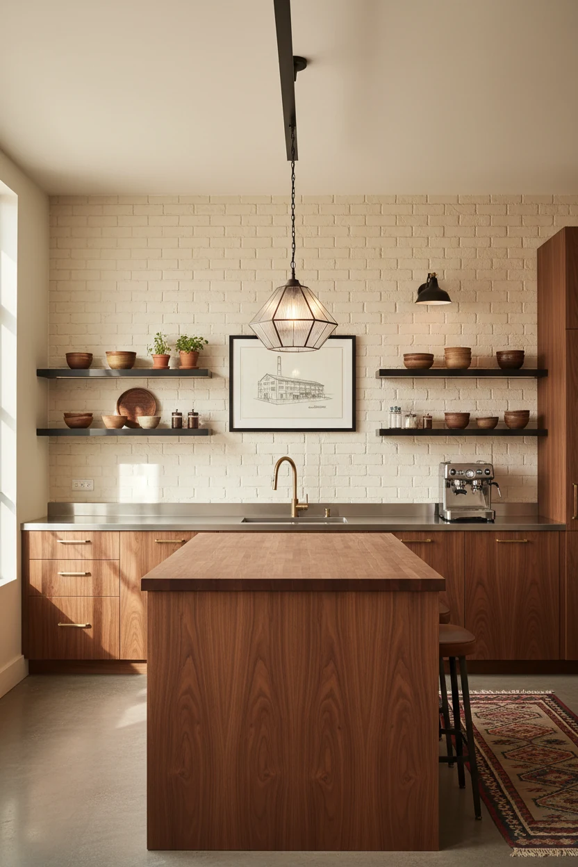 Photorealistic wide straight-on shot of a warm modern industrial kitchen: warm-white painted brick backdrop, walnut vene