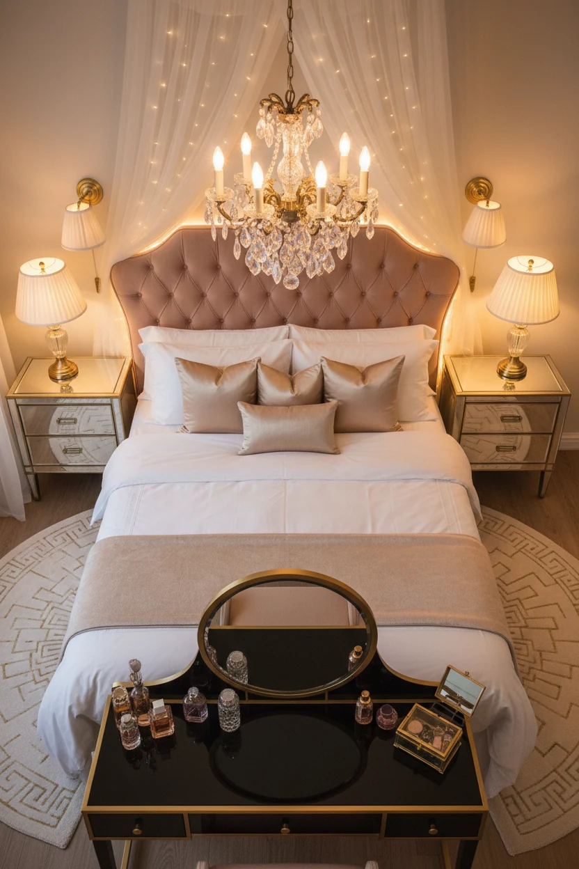 5. Overhead detail of a retro glam bedroom: blush tufted velvet headboard haloed by dimmable LED tape, crisp white beddi