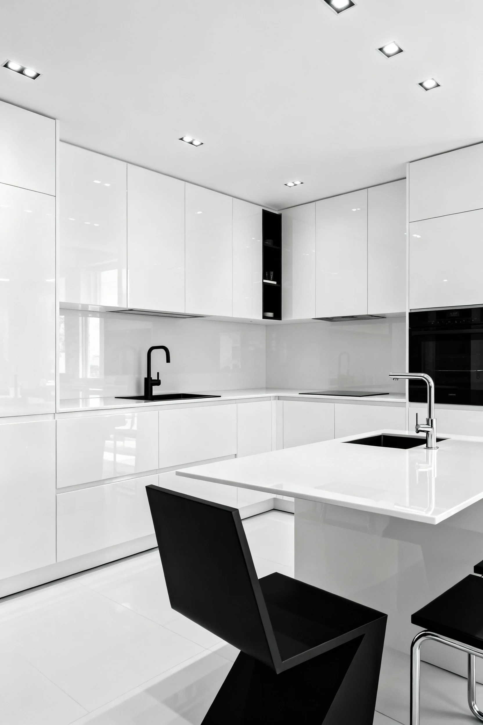 Corner perspective of an urban monochrome minimalist kitchen with glossy white cabinetry, matte black fixtures, sharp ge