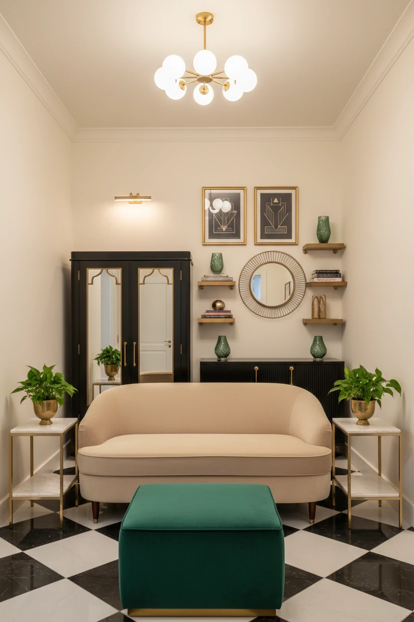 5. Photorealistic medium straight-on symmetrical composition of Art Deco micro glam: creamy off-white walls, petite cham