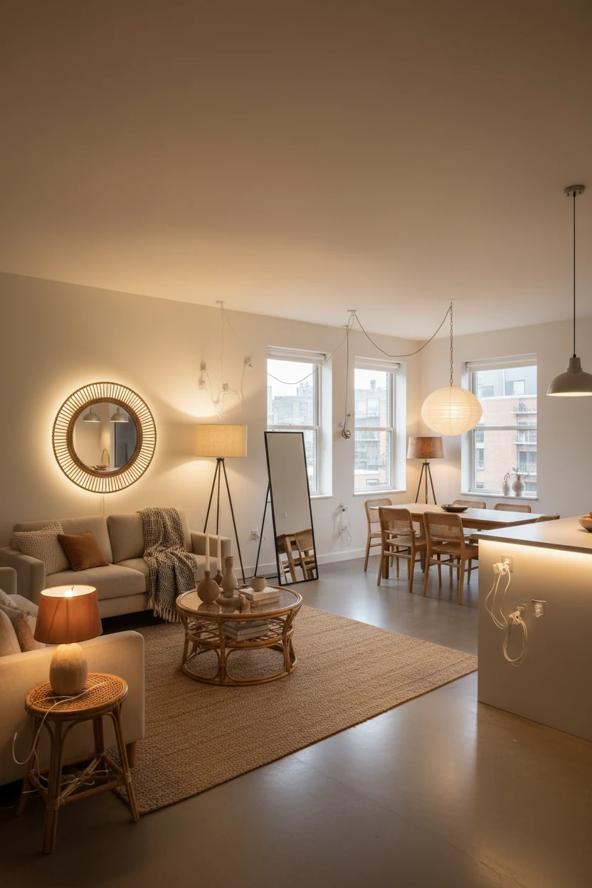 6. Wide open-plan apartment scene showcasing renter-friendly layered lighting: plug-in fixtures creating strategic bounc