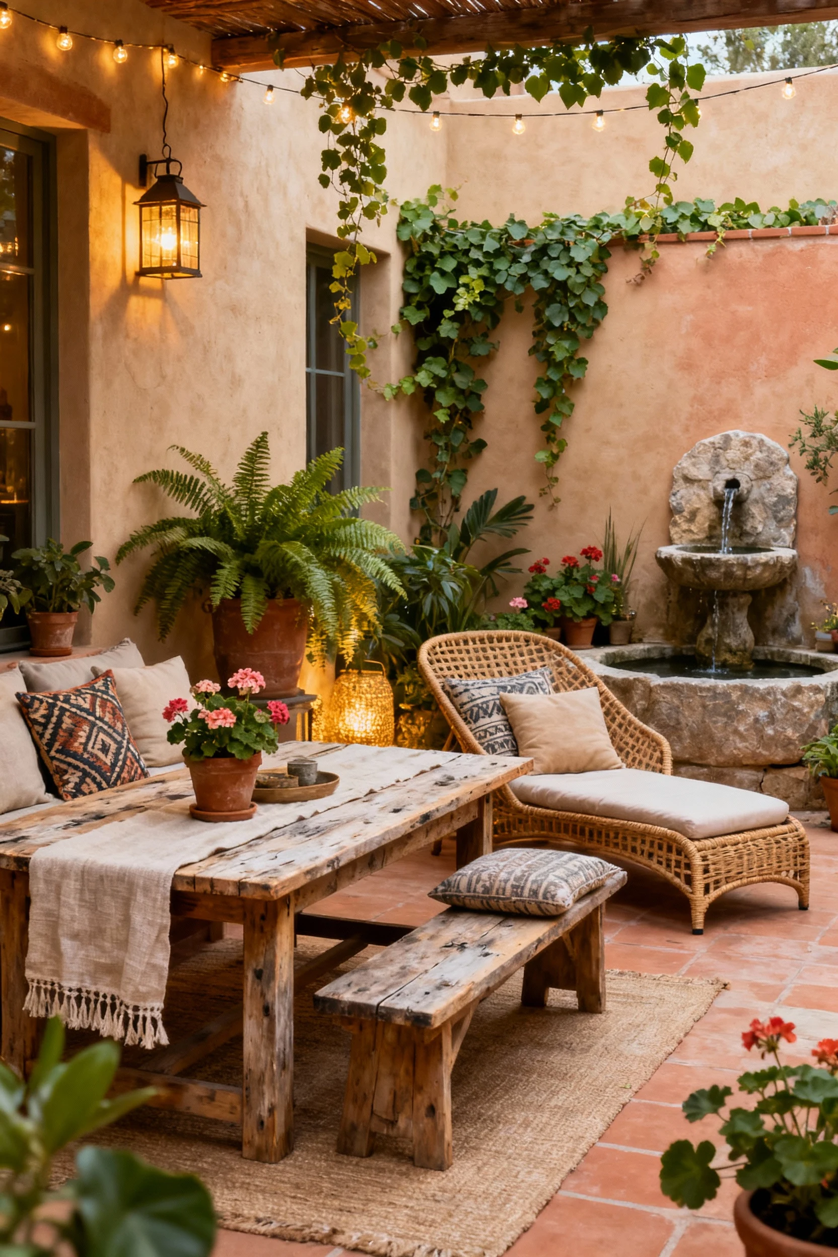 A photorealistic wide shot of a fully realized relaxing oasis patio combining any chosen style, with cohesive color pale